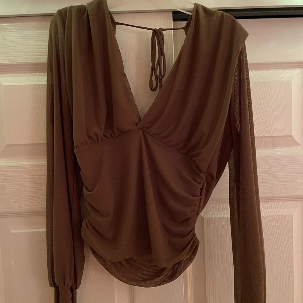 super flattering brown mesh deep-v top